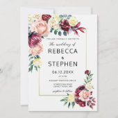 ブルグンディモダン赤面バラフローラアイボリー結婚ズ 招待状 (正面)