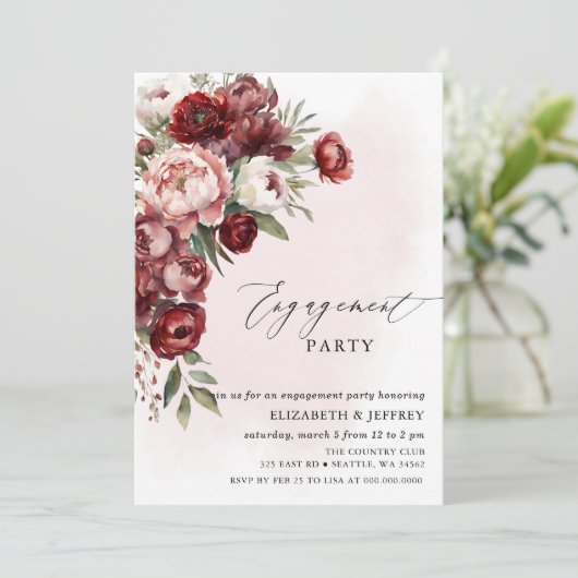 ブルグンディモダン赤面フローラ婚約パーティ 招待状 (スタンド正面)