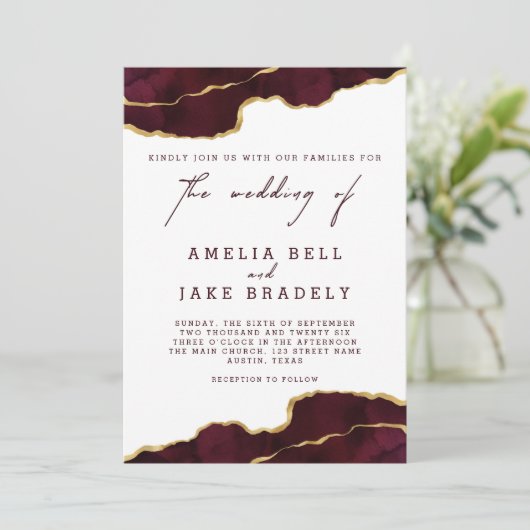 ブルグンディモダン金ゴールドアゲート結婚式招待状 招待状 (スタンド正面)