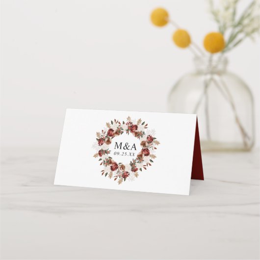 ブルグンディ素朴とアイボリーバラ結婚ズ プレイスカード (裏面)