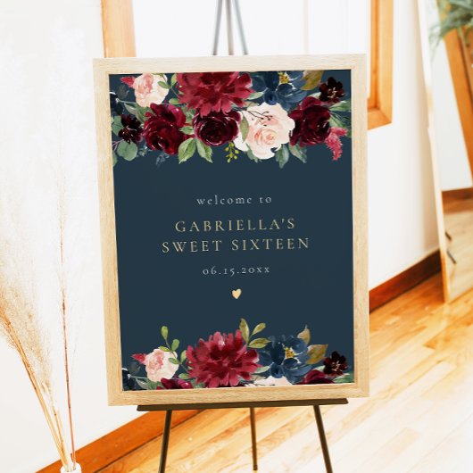 ブルグンディ素朴とネイビーフローラスイート16へようこそ ポスター