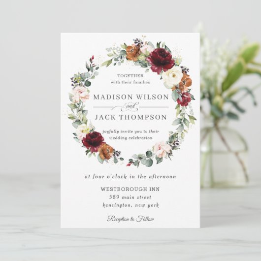 ブルグンディ素朴アイボリーオレンジフローラリース結婚ズ 招待状 (スタンド正面)