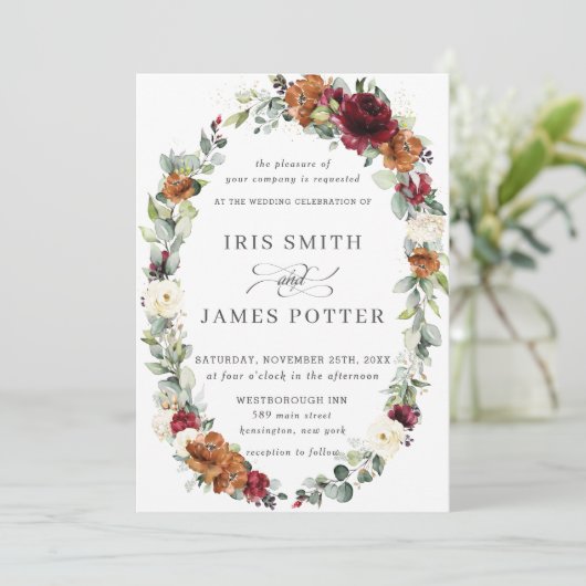 ブルグンディ素朴アイボリーオレンジフローラリース結婚ズ 招待状 (スタンド正面)