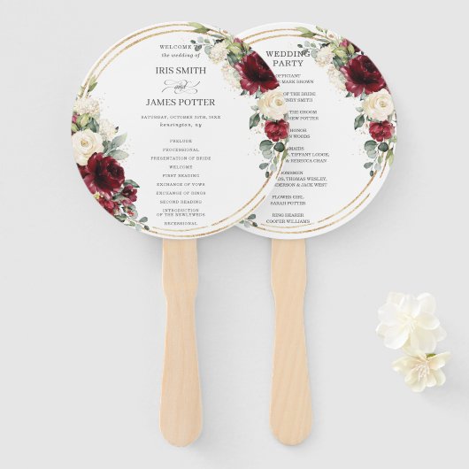 ブルグンディ素朴アイボリーフローラ金ゴールド結婚式 プログラム ハンドファン (正面&裏面)