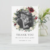 ブルグンディ素朴アイボリーホワイトフローラリース写真 サンキューカード (スタンド正面)