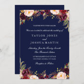 ブルグンディ素朴ネイビーフローラ結婚式招待状 招待状 (正面/裏面)