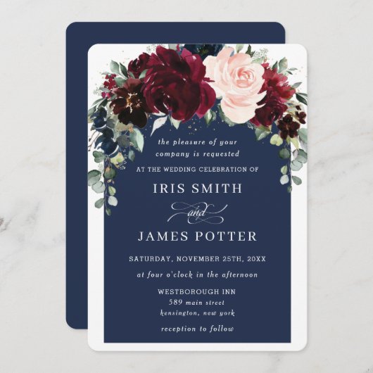 ブルグンディ素朴ネイビー赤面フローラアーチ結婚ズ 招待状 (正面/裏面)