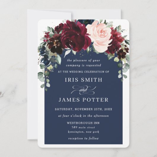 ブルグンディ素朴ネイビー赤面フローラアーチ結婚ズ 招待状 (正面)