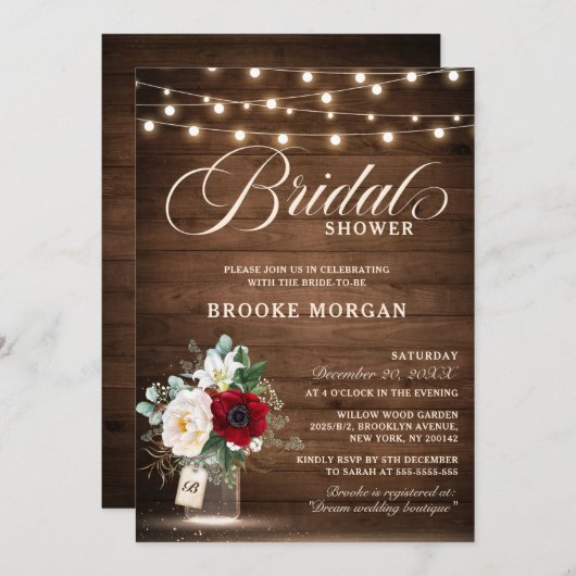 ブルグンディ素朴フローラメイスンジャーブライダルシャワー 招待状 (正面/裏面)