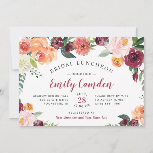 ブルグンディ素朴フローラ結婚ブライダル昼食会 招待状 (正面)