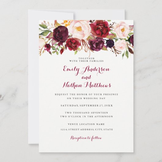 ブルグンディ素朴フローラ結婚式招待状 招待状 (正面)