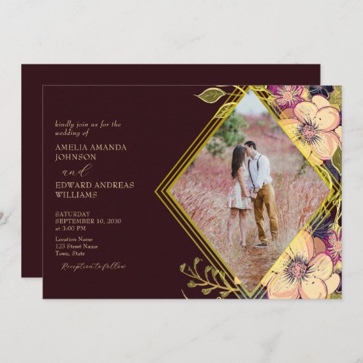 ブルグンディ素朴フローラ結婚式招待状 招待状 (正面/裏面)