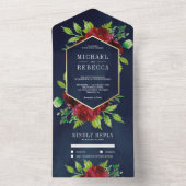 ブルグンディ素朴フローラ金ゴールドネイビーブルー結婚ズ オールインワン招待状 (内側)