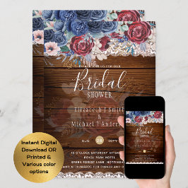 ブルグンディ素朴ブルーフローラブライダルシャワーデジタル 招待状