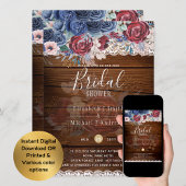 ブルグンディ素朴ブルーフローラブライダルシャワーデジタル 招待状