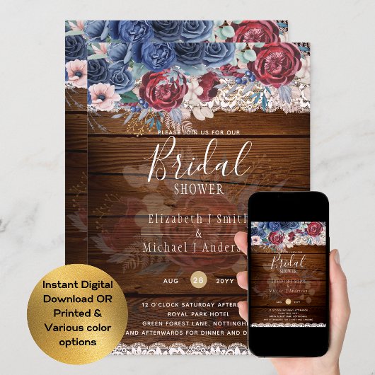 ブルグンディ素朴ブルーフローラブライダルシャワーデジタル 招待状