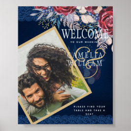 ブルグンディ素朴ブルーフローラレースPHOTOへようこそ ポスター