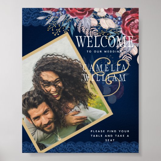 ブルグンディ素朴ブルーフローラレースPHOTOへようこそ ポスター (正面)