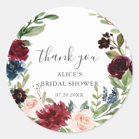 ブルグンディ素朴ブルーボホフローラブライダルシャワー ラウンドシール (正面)