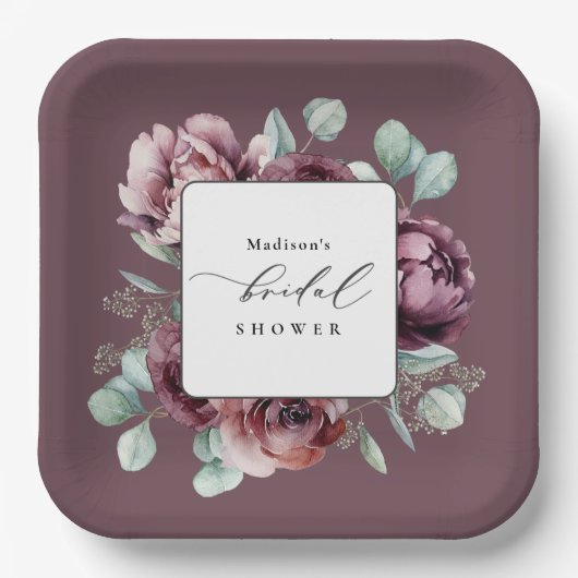 ブルグンディ素朴プラムフローラブライダルシャワー ペーパープレート (正面)
