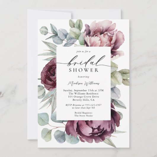 ブルグンディ素朴プラムフローラブライダルシャワー 招待状 (正面)