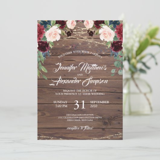 ブルグンディ素朴マルサラフローラ結婚式招待状 招待状 (スタンド正面)