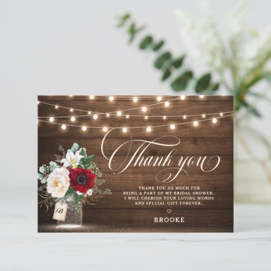ブルグンディ素朴メイソンジャールフローラブライダルシャワー サンキューカード (スタンド正面)
