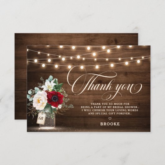 ブルグンディ素朴メイソンジャールフローラブライダルシャワー サンキューカード (正面/裏面)