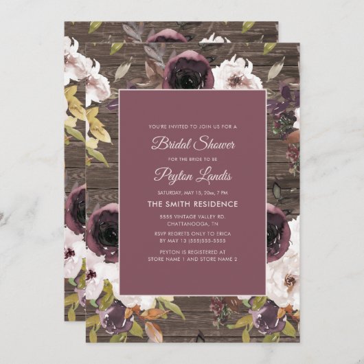 ブルグンディ素朴ワインアイボリーフローラブライダルシャワー 招待状 (正面/裏面)