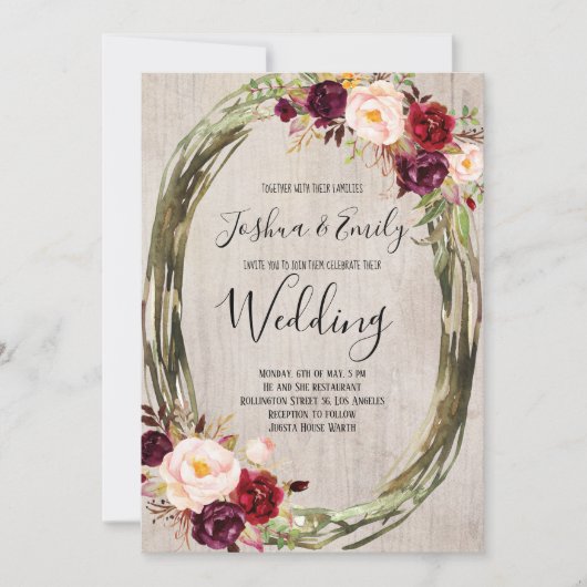 ブルグンディ素朴牡丹フローラ結婚式招待状 招待状 (正面)