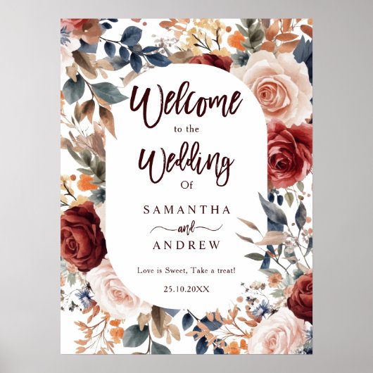 ブルグンディ素朴秋フローラボホ結婚の歓迎 ポスター (正面)