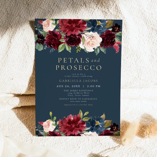 ブルグンディ素朴花びら&プロセッコブライダルシャワー 招待状