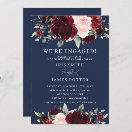 ブルグンディ素朴赤面ネイビーフローラ婚約パーティ 招待状 (正面/裏面)