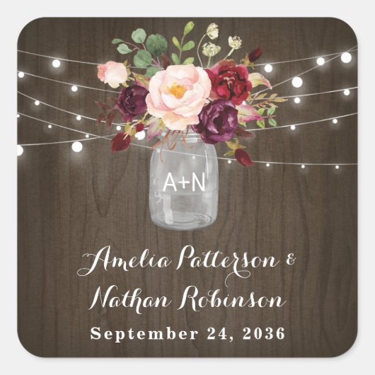 ブルグンディ素朴赤面フローラメイスンジャー結婚ズ スクエアシール (正面)