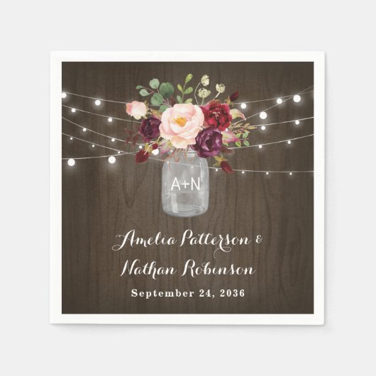 ブルグンディ素朴赤面フローラメイスンジャー結婚ズ スタンダードカクテルナプキン (正面)