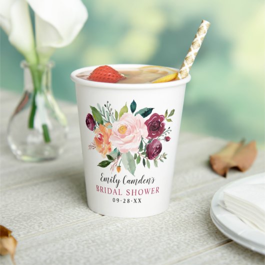 ブルグンディ素朴赤面秋フローラブライダルシャワー 紙コップ (インサイチュ)