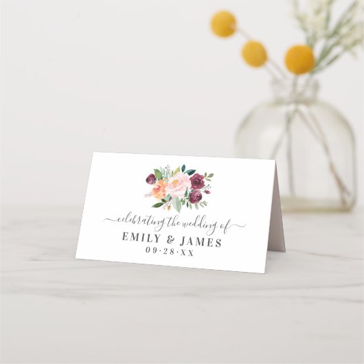 ブルグンディ素朴赤面秋フローラ結婚ズモノグラム プレイスカード (裏面)