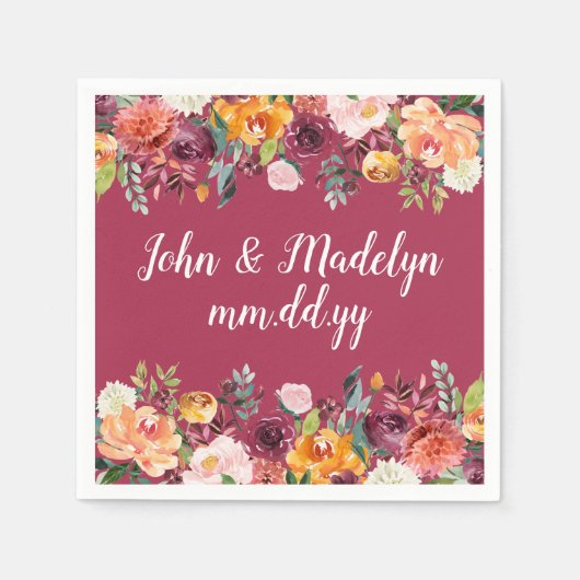 ブルグンディ結婚のサービエパーソナライズされたットフローラ スタンダードカクテルナプキン (正面)