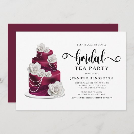 ブルグンディ結婚ズケーキブライダルシャワーティーパーティー 招待状 (正面/裏面)