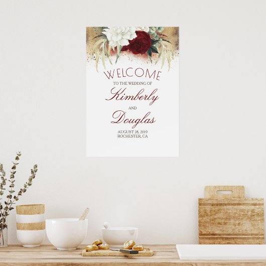 ブルグンディ赤と白金ゴールド結婚の歓迎サイン ポスター (キッチン)