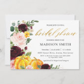 ブルグンディ赤面秋フローラパンプキンズブライダルシャワー 招待状 (正面)