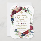 ブルグンディ魅力的ブルーフローラリースガールバプテスマ 招待状 (正面)