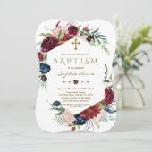 ブルグンディ魅力的ブルーフローラリースガールバプテスマ 招待状 (スタンド正面)