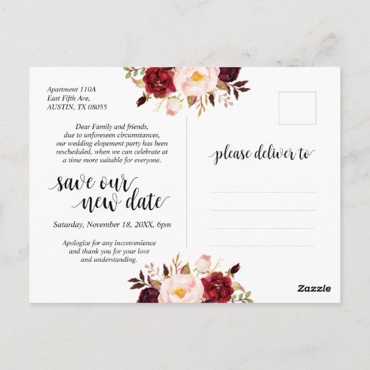 ブルグンディ・花模様結婚ズの解雇が再計画された ポストカード (裏面)