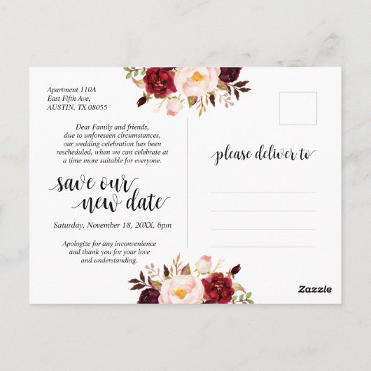 ブルグンディ・花模様結婚ズの解雇が再計画された ポストカード (裏面)