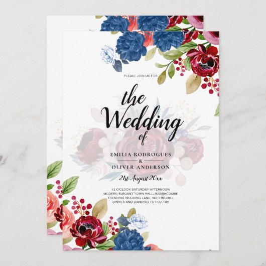 ブルグ素朴ンディブルーフローラ結婚ズ 招待状 (正面/裏面)