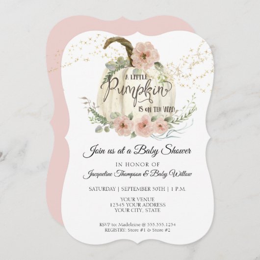 ブルゴンディフローラバラ金ゴールドパンプキンベビーシャワーイン 招待状 (正面/裏面)