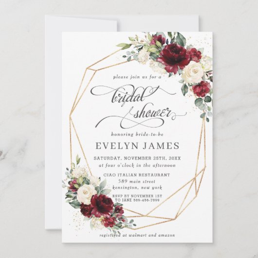 ブルゴンディレッドアイボリーフローラブライダルシャワー幾何学  招待状 (正面)