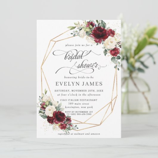 ブルゴンディレッドアイボリーフローラブライダルシャワー幾何学  招待状 (スタンド正面)