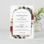 ブルゴンディレッドネイビーブルーフローラアーチフレ結婚ームズ 招待状 (スタンド正面)